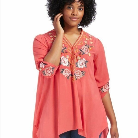 Andrée by Unit Embroidered Blouse Coral Pink 1X - Picture 2 of 8